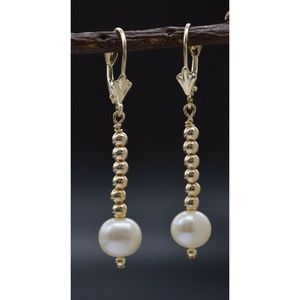 14K Solid Gold Natural Cultured White Pearl Gold Beads LeverBack Earrings